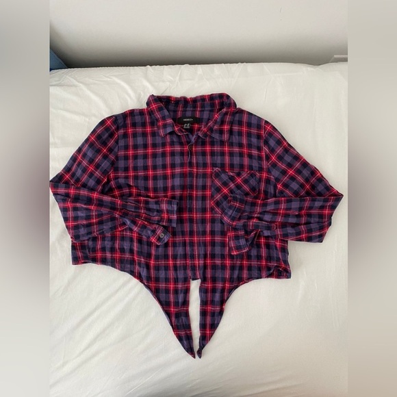 FOREVER 21 Pink Blue Checkered Collared Cropped Shirt with Front Knot in 2XL - Picture 4 of 6